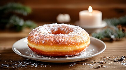 A freshly baked golden brown donut coated in a light dusting of powdered sugar set against a warm and inviting holiday themed backdrop with a glowing candle and festive greenery
