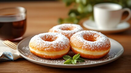 Delectable freshly baked donuts dusted with powdered sugar served on a plate alongside a warm cup of coffee creating a cozy and inviting atmosphere