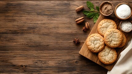 Freshly baked cinnamon and nut cookies arranged on a wooden cutting board set against a rustic wooden background with scattered spices and fresh mint leaves