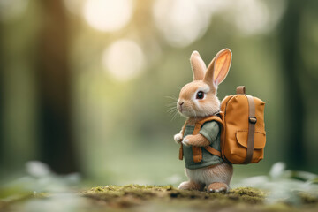 Rabbit with a tiny backpack, A cute rabbit with a backpack explores the serene forest, embodying adventure and curiosity in a tranquil natural setting.