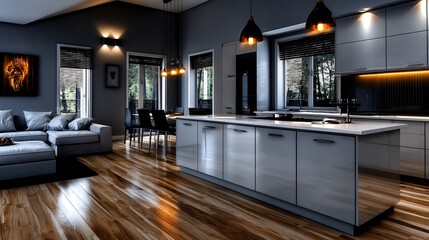 Contemporary apartment showcasing modern kitchen with natural wood flooring design