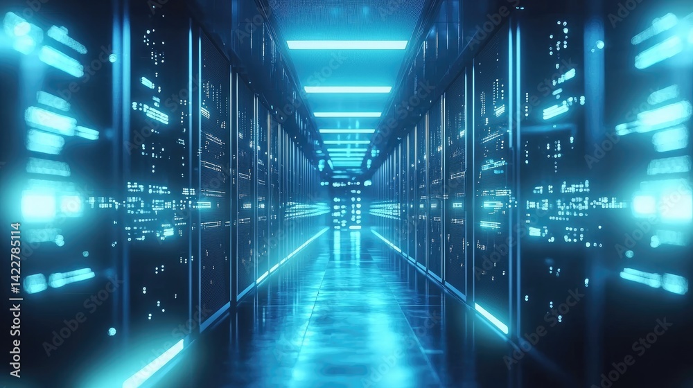 Poster Futuristic server hallway with glowing blue lights and digital reflections, creating a sci-fi atmosphere. Ideal for cybersecurity, cloud infrastructure, and AI-powered tech visuals