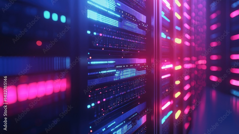 Poster close-up view of glowing pink and blue neon-lit servers in a futuristic data center. ideal for cyber