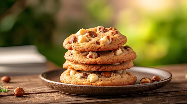 A stack of homemade chocolate chip and nut cookies arranged on a rustic wooden plate with a natural outdoor setting in the background