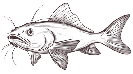 This image shows a detailed monochrome line drawing of a catfish. The illustration uses varying line weights to create a sense of depth and texture.