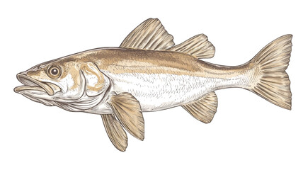 Detail of a pale gold and off-white mullet, shown from the side, showing its elongated body and prominent dorsal and anal fins.