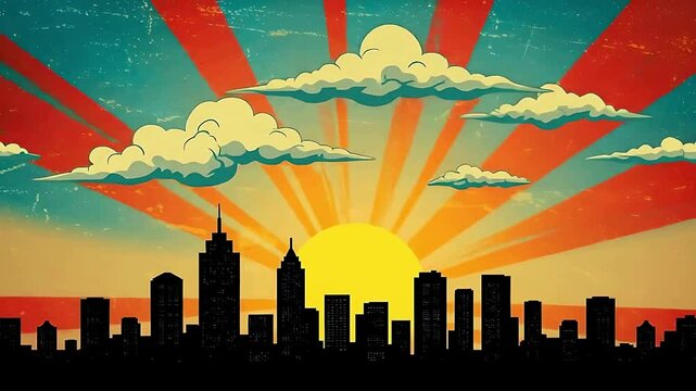 comic book style cartoon illustration of cityscape with sun and clouds in the sky