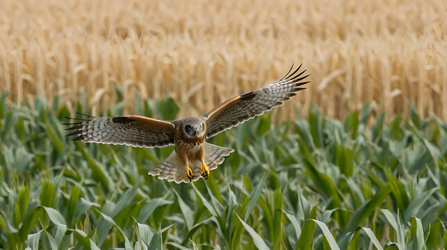 a northern harrier glides low over a cornfield wha.