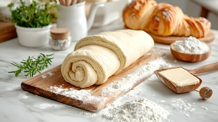 Artisanal baked bread and flaky pastries arranged on a wooden cutting board accompanied by herbs and spices creating a tempting and nourishing breakfast spread