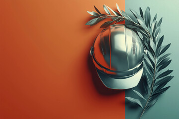 A hard hat surrounded by olive branches, symbolizing safety, peace, and the essence of labor on May Day.
