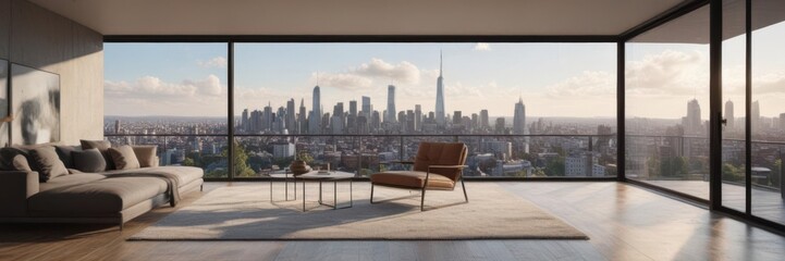 Obraz premium Modern apartment, panoramic city view from large window, skyline, sunlight, terrace