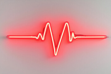 Neon red heartbeat pulse displayed in neon lights on a light background, symbolizing life, energy, and vitality.
