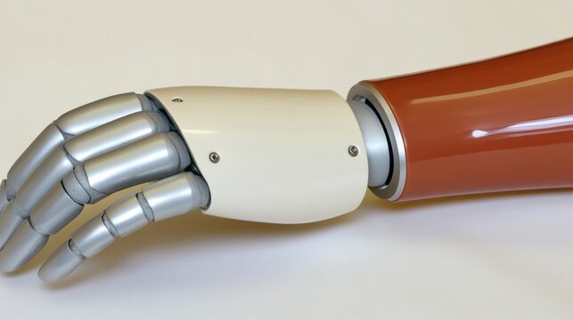 Closeup of a Modern Prosthetic Hand and Arm Metallic Fingers, Off White Handpiece, Brown Forearm