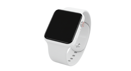 A close up shot of a white smart watch with a black screen on a black background in a studio setting