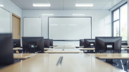Empty classroom with whiteboard and computer desks for technology integration. minimalist.