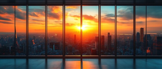 Sunset cityscape view from modern office.