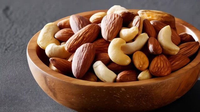 A rustic wooden bowl filled with an assortment of delicious nuts perfect for snacking and healthy eating options