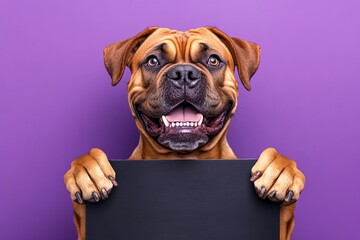 Dog marketing pic. Isolated dog on a solid apparel purple background. Pet in sign shoot. Ð¡ute adult dog bullmastiff hold in front paws a template - large dark black way sign. Pet in ad conce.