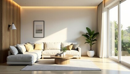 Fototapeta premium Minimalist living space with neutral tones and natural lighting, decoration, lifestyle, decor