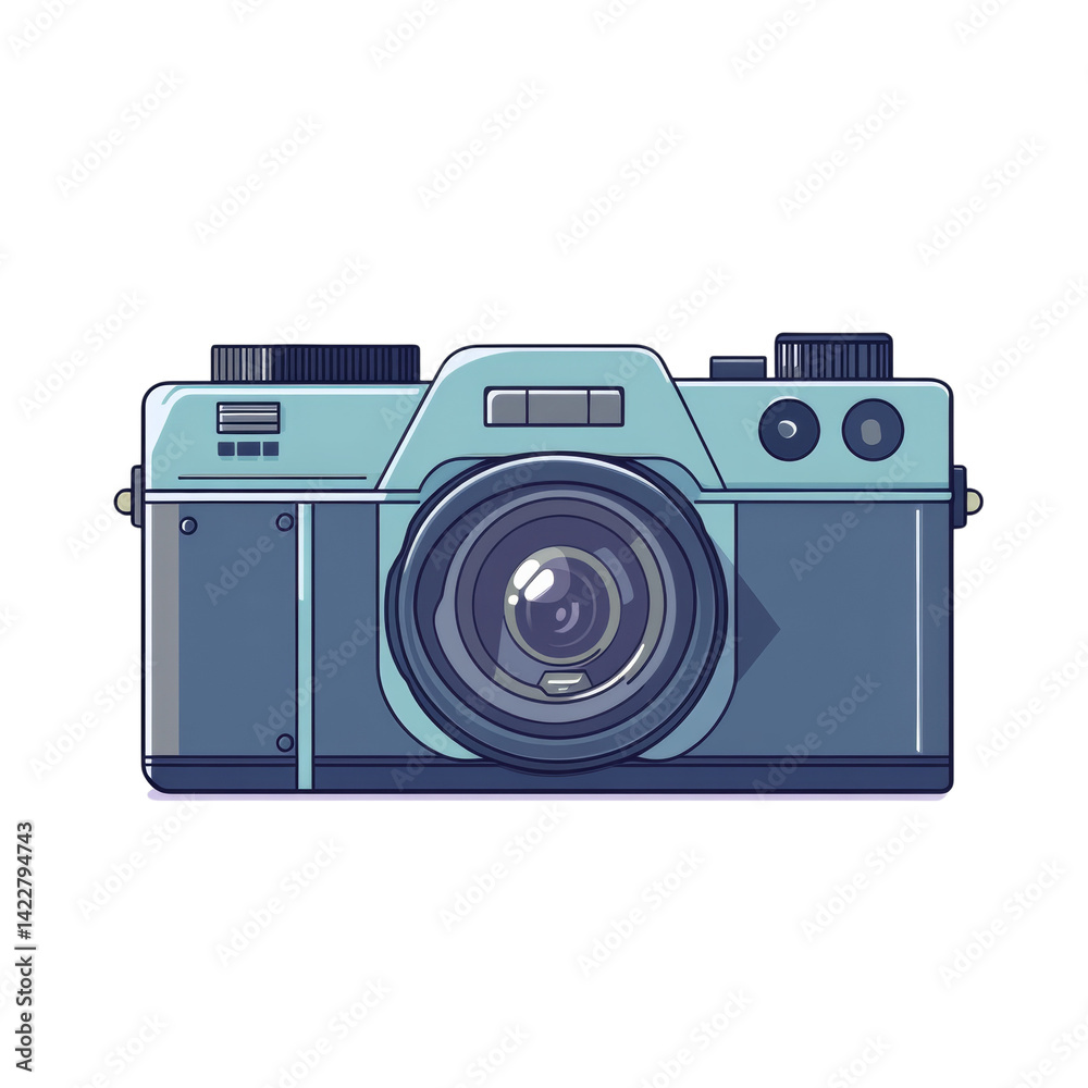 Poster Stylized illustration of a retro analog camera with simple line art design