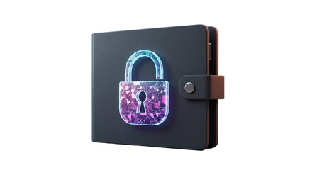 A dark wallet with a glowing padlock overlayed on it against a solid black background in a studio shot