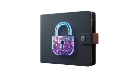 A dark wallet with a glowing padlock overlayed on it against a solid black background in a studio shot