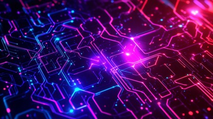 Fototapeta premium Abstract Circuit Board with Pink and Blue Neon Lines, Dark Background
