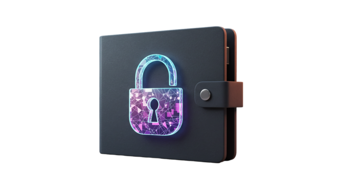 A dark wallet with a glowing padlock overlayed on it against a solid black background in a studio shot