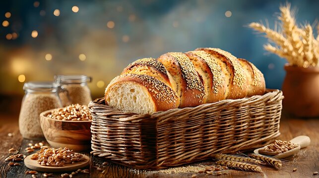 Freshly baked golden crusted artisan bread arranged in a rustic wicker basket surrounded by scattered wheat grains and stalks creating a warm cozy and inviting farmhouse style food photography scene