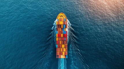 3.High-angle perspective of a fully loaded container vessel gliding through open sea, framed by a vast expanse of sky and water.