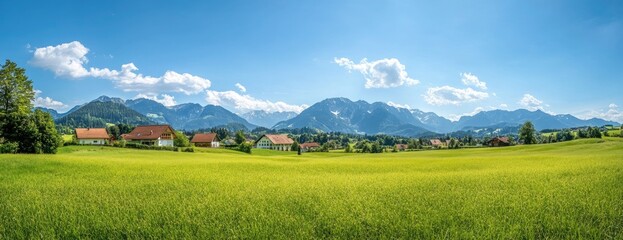 Fototapeta premium Idyllic village nestled in a green valley, majestic mountains in the background under a bright blue sky.