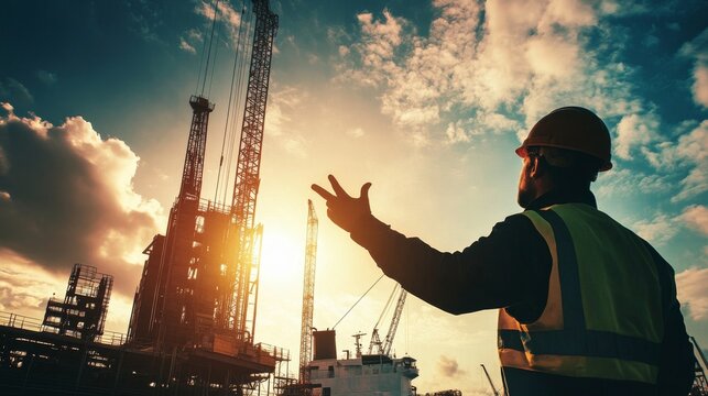 75.Elevated view of a foreman gesturing instructions as towering cranes transfer cargo boxes onto a docked freight vessel under a bright sky.