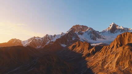 Majestic mountain range landscape under a vibrant sunset sky, capturing the rugged terrain and serene atmosphere