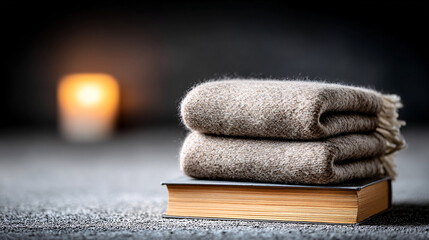 cozy reading nook featuring soft blanket stacked on book, creating warm and inviting atmosphere perfect for relaxation and enjoyment. soft textures and warm candlelight enhance serene ambiance