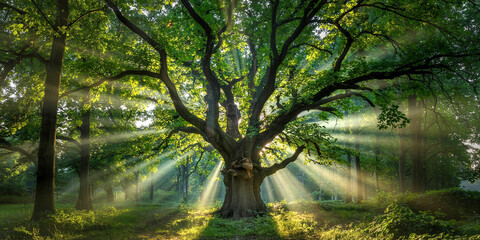 Obraz premium Sunlight through trees in forest landscape nature photography scenic view green foliage and sun rays shining