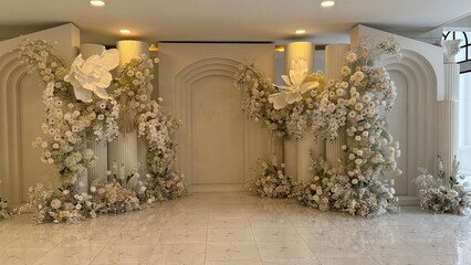 Garden fence with flowers,Wedding flower and decoration,Beautiful romantic festive place made with wooden square and floral roses decorations for outside wedding ceremony in Banquet hall.