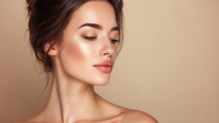 Fototapeta premium A close-up portrait of a woman with flawless skin and elegant makeup, showcasing a soft, natural look against a neutral background.