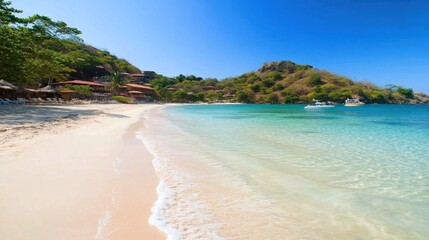 Pristine tropical beach with resort nestled in a lush landscape.