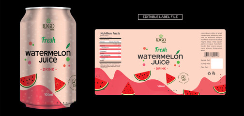 Watermelon juice drink label design, soft drink label design. Soda can label vector. Energy drink label design. Watermelon fruit juice template design 3d illustration editable vector print ready file.