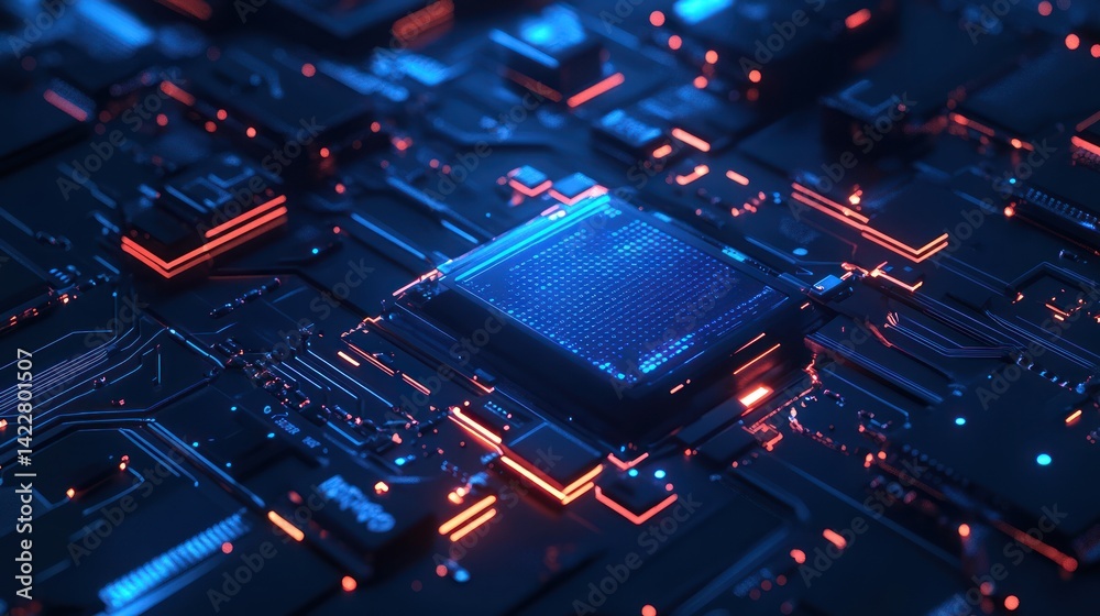 Poster futuristic microchip design with integrated circuit technology and neural network