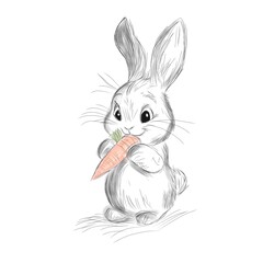 Cute Hand-Drawn Bunny Eating a Carrot - Pencil Sketch Style Illustration