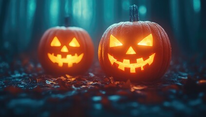 Obraz premium Two Glowing Jack O' Lanterns with Carved Faces Placed on Dark Leaves in Eerie Lit Forest for Halloween Celebration at Night