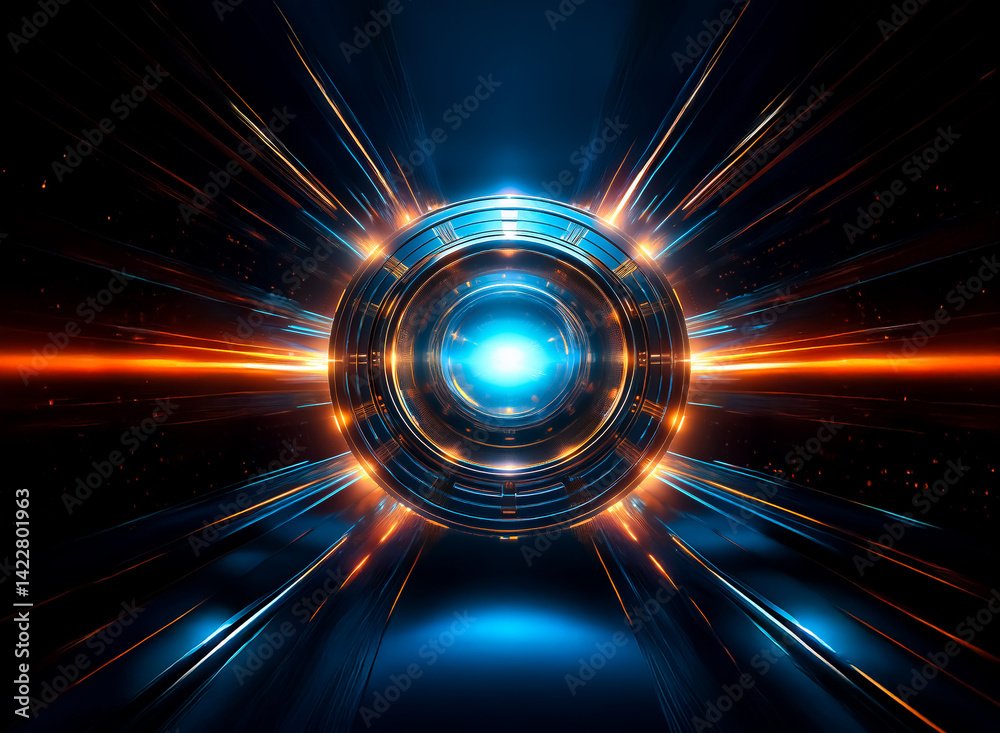 Poster Abstract, glowing circular structure with intense light bursts and radiating energy.  Blue and orange colors create a vibrant, futuristic effect, resembling a portal or energy source.