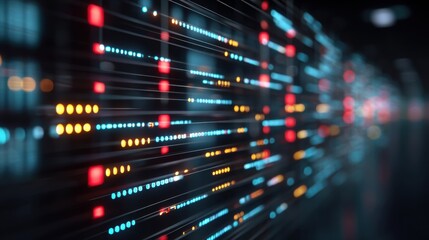 A vibrant, abstract representation of illuminated lines and dots, suggesting digital data flow and connectivity in a futuristic environment.