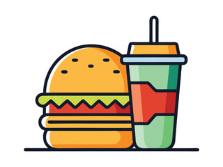A burger with lettuce, tomato, cheese and meat, a red soda cup with a straw on a white background, fast food concept. Vector illustration
