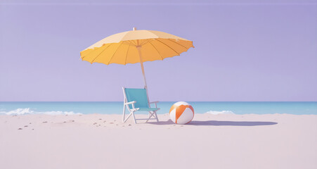 Serene beach scene: a pastel yellow beach umbrella casts a shadow over a teal chair and beach ball on pristine white sand, next to a calm ocean under a pale sky.