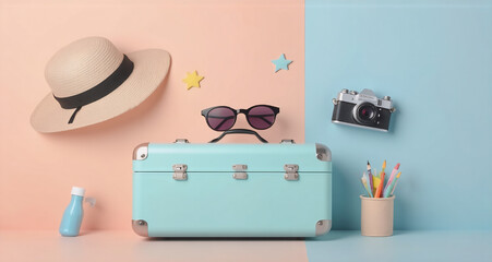 Pastel-colored suitcase sits center stage, surrounded by summer travel essentials: sun hat, sunglasses, camera, and art supplies.  Ready for adventure!