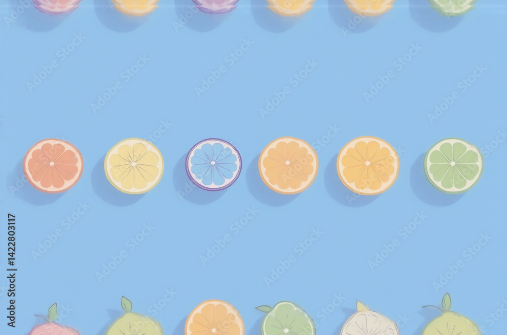 Poster a vibrant digital avatar features rows of citrus fruit slices on a light blue background. the top an