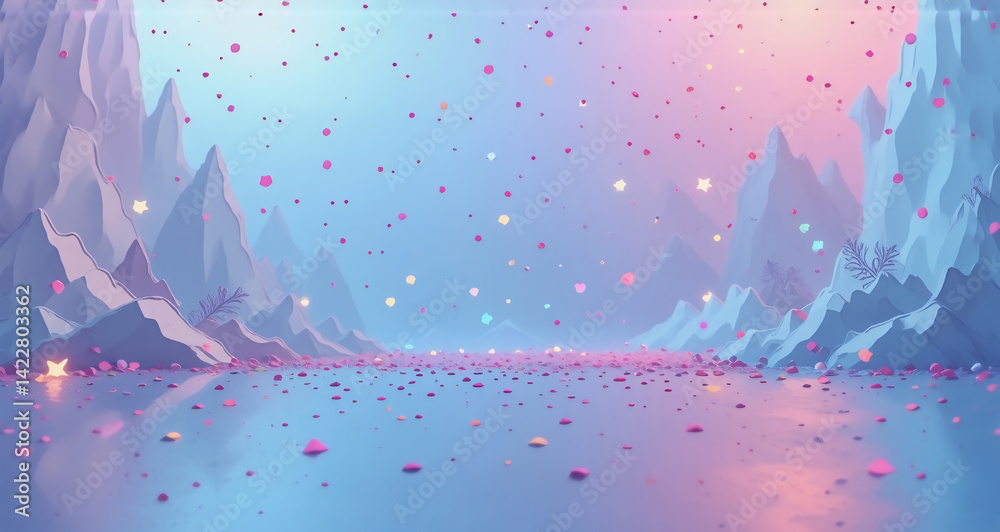 Poster A serene scene with pastel hues. Jagged ice structures frame a calm body of water, while tiny particles gently fall, reflecting on the surface, creating a magical and ethereal atmosphere.