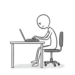 Frustrated stick figure working at desk with laptop, showcasing office burnout